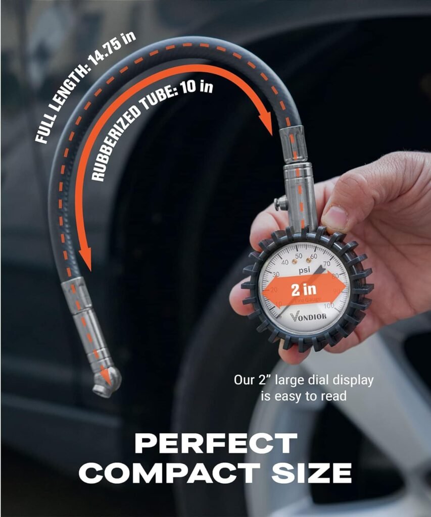 Vondior Tire Pressure Gauge (0-100 PSI) Heavy Duty Air Pressure Gauge, ANSI Certified Tire Gauge for Car and Trucks Tires with Large 2 Inch Easy to Read Glow Dial, Stocking Stuffers for Men