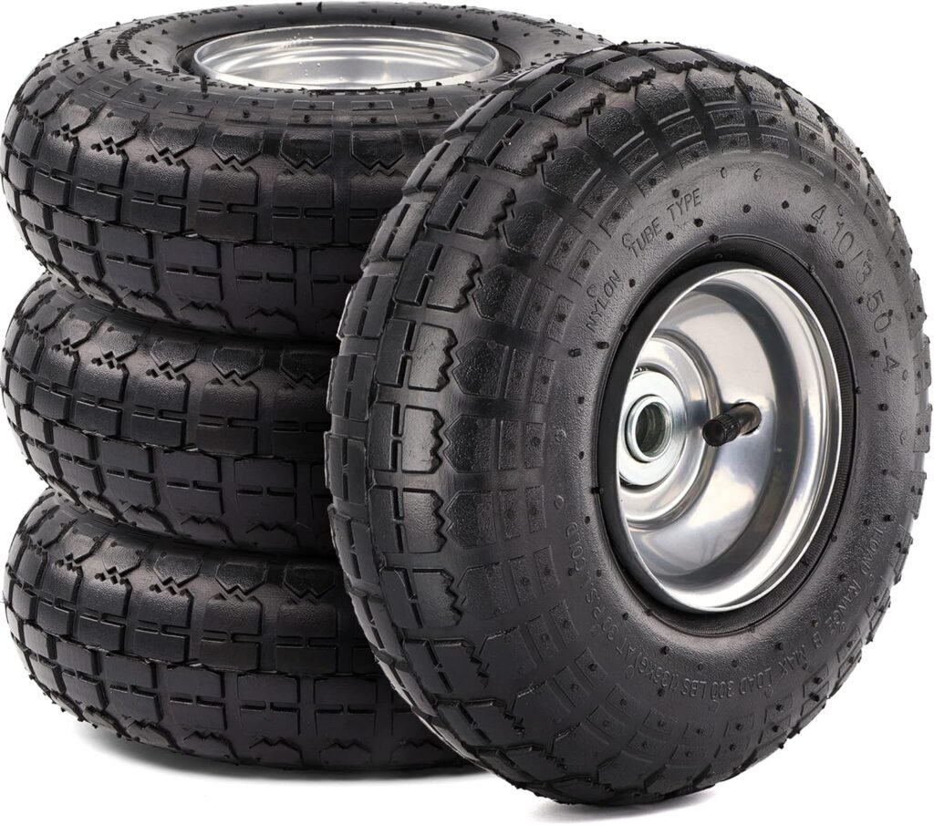 4 Pack 10-Inch Tires and Wheels 4.10/3.50-4 Replacement Utility Tires for Dolly, Hand Truck, Gorilla Cart, Generator, Lawn Mower, Garden Wagon With 5/8-Inch Axle Borehole and Double Sealed Bearings
