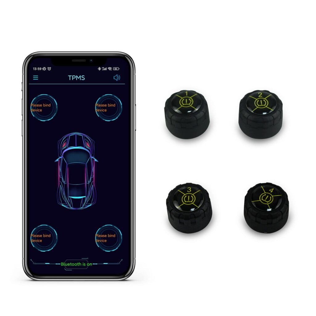 Tire Pressure Monitoring System, Real-time Display Pressure and Temperature Tire Monitor Alarm System with 5 Alarm Modes, with 4 External Sensors TPMS Bluetooth 5.0 Support iOS and Android