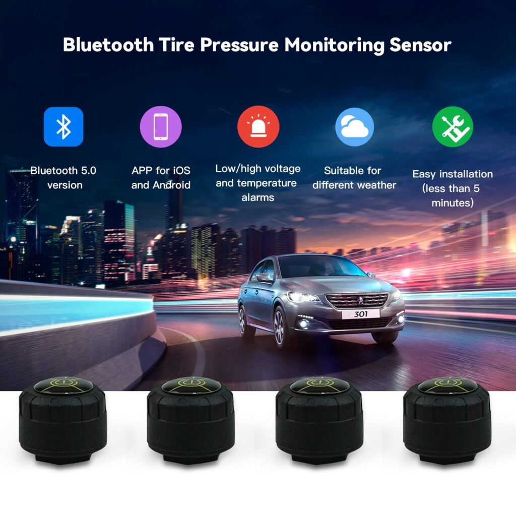 Tire Pressure Monitoring System, Real-time Display Pressure and Temperature Tire Monitor Alarm System with 5 Alarm Modes, with 4 External Sensors TPMS Bluetooth 5.0 Support iOS and Android