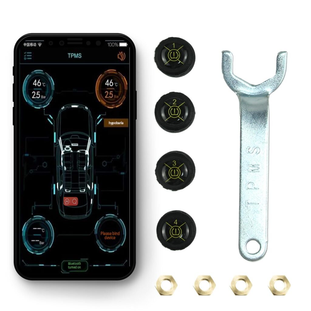 Tire Pressure Monitoring System, Real-time Display Pressure and Temperature Tire Monitor Alarm System with Alarm Modes, with 4 External Sensors TPMS Bluetooth 5.0 Support iOS and Android