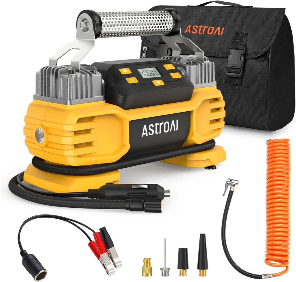 AstroAI Portable 160 PSI Heavy Duty Tire Inflator Pump with Screen, Dual Cylinders  Dual Motors, Dual Power Air Compressor for SUVs, RVs, ORVs, Trucks, Cars, Air Mattresses, etc. Yellow