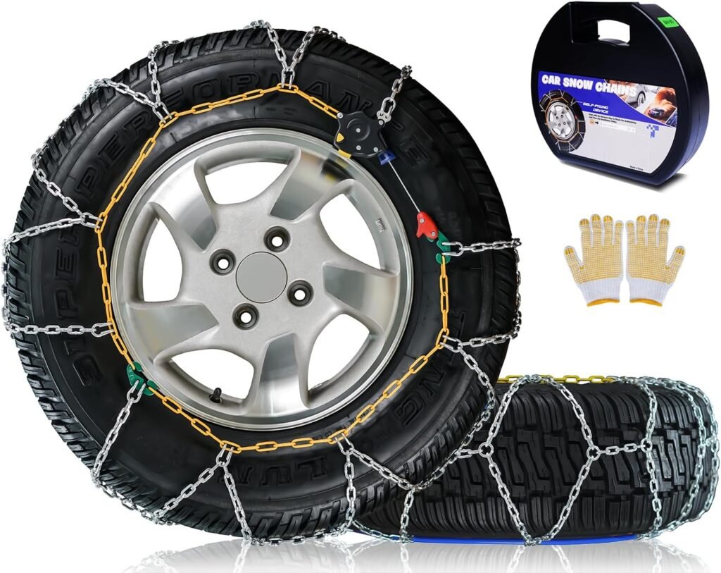 Snow-Chains Auto Fixing 1 Min Quick Fit Easy Installation Tire-Chains, Portable Reusable Universal Emergency Tire Traction Chain for Passenger Car, Pickup Trucks and SUV - Set of 2